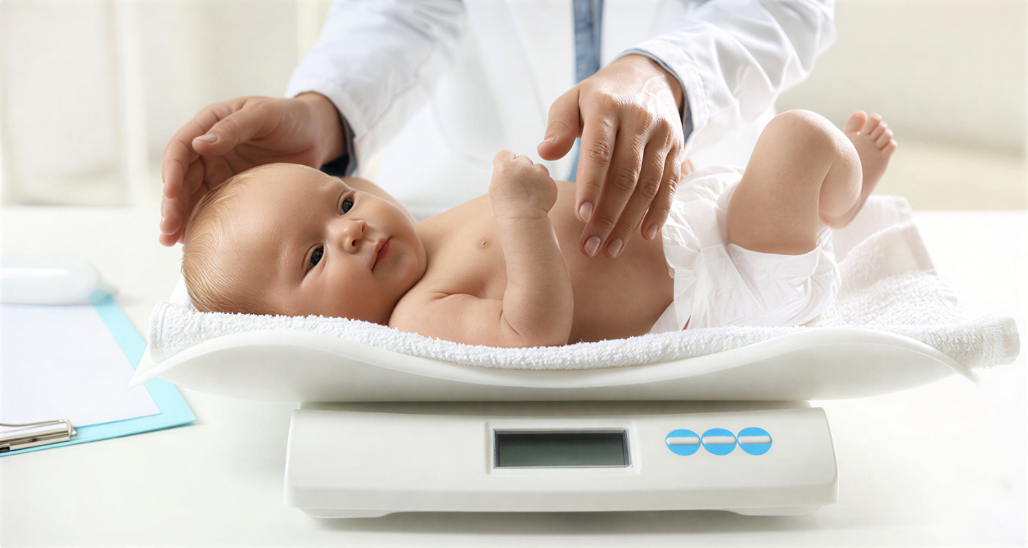 Pediatric specialist checking baby weight on scale for child weight problems in Dubai